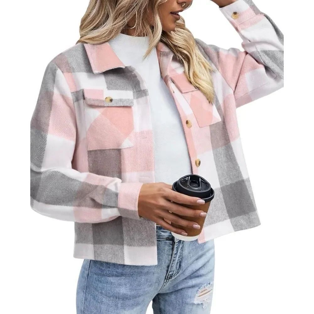 Cropped Shacket Jacket Shirt Plaid Long Sleeve Size Small Pink, Gray and Ivory